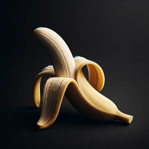 DALL·E 2024-04-12 13.28.40 - A peeled banana, with the skin partially peeled back revealing the soft, yellow fruit inside. The banana is set against a plain, dark black background